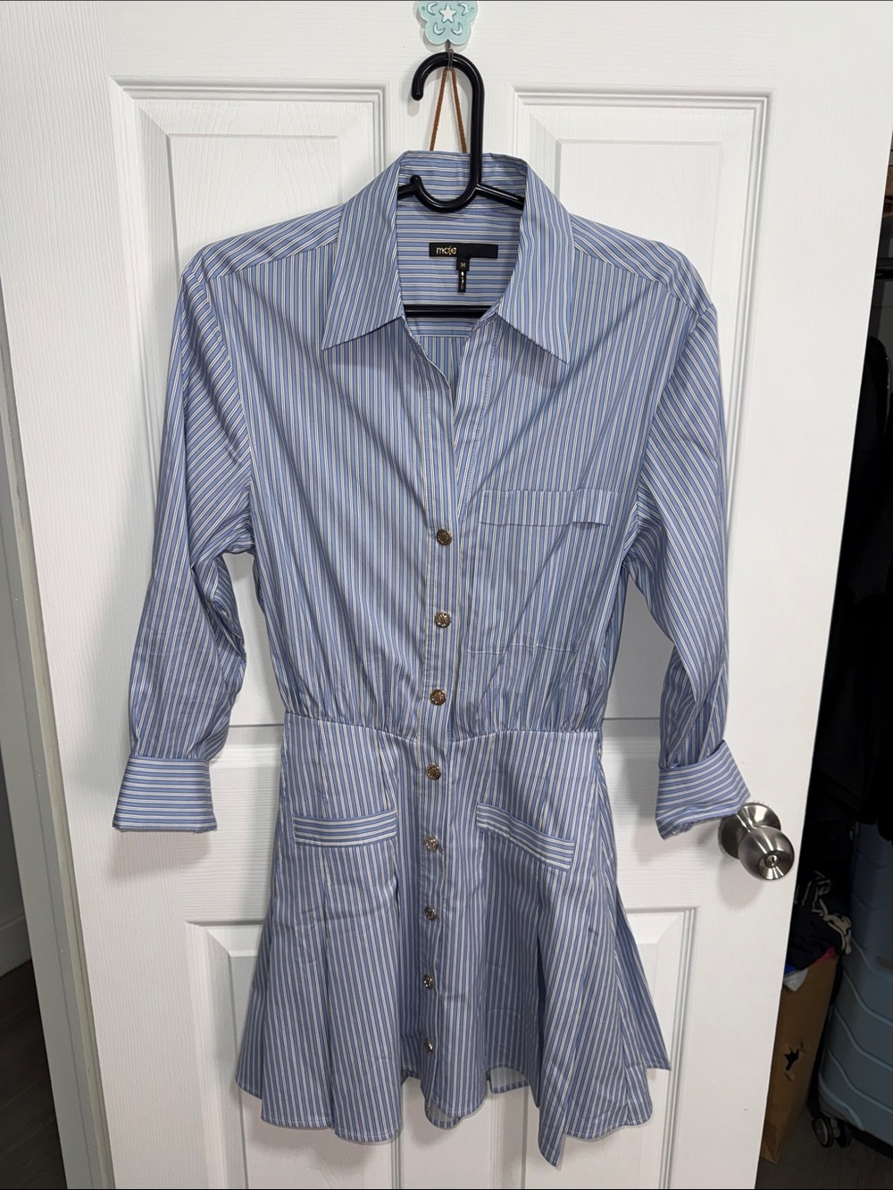 Maje Blue and White Striped Long-Sleeve Shirt Dress